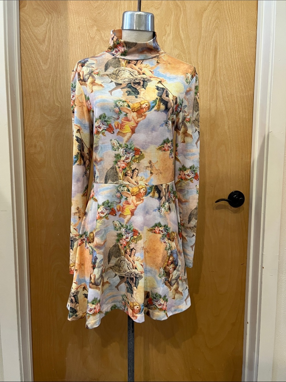 Pastel Cherub Print Turtleneck Long-Sleeve Dress